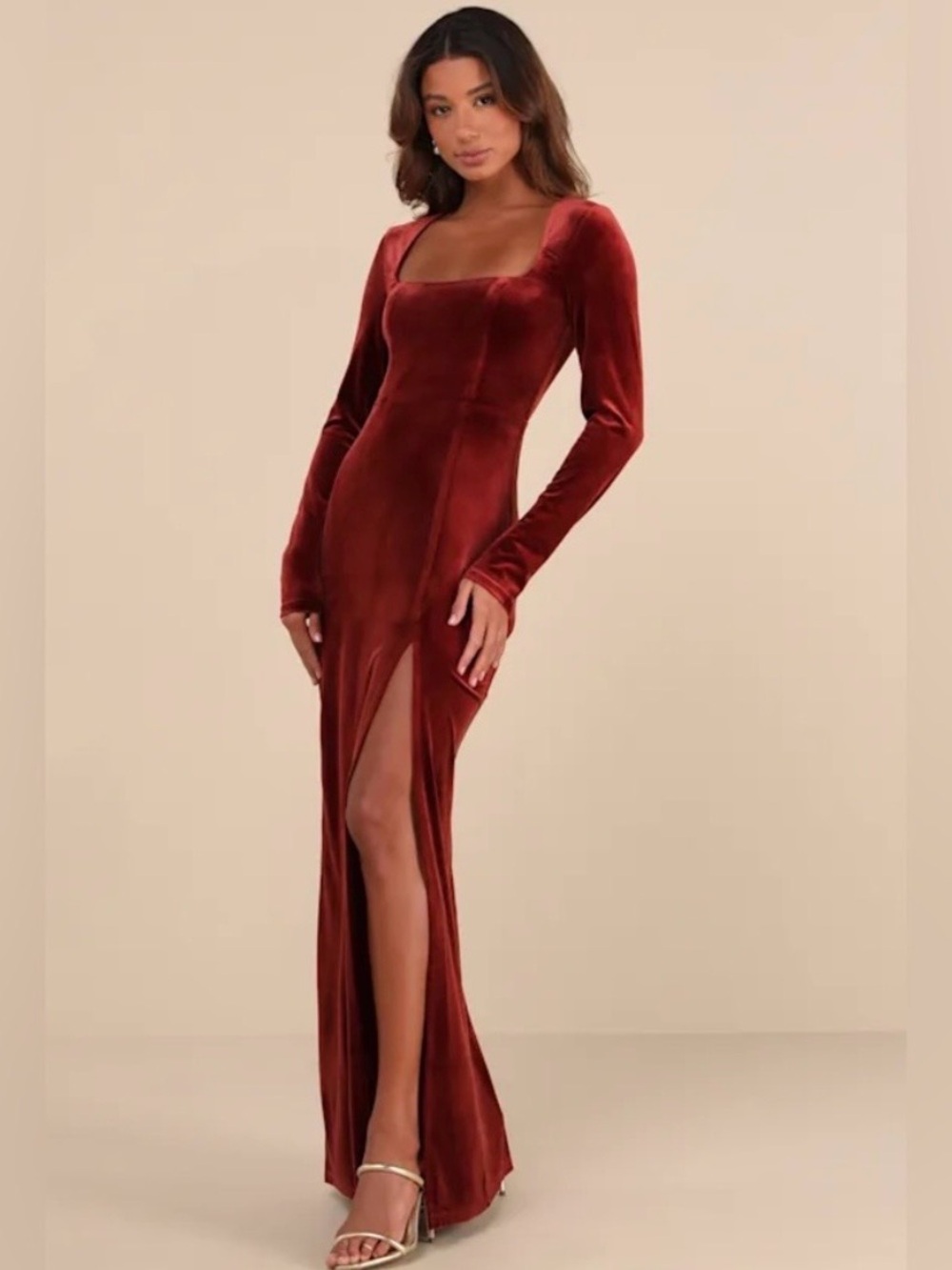 NWT Lulus Lovely and Luminous Rust Velvet Long Sleeve Dress Size S